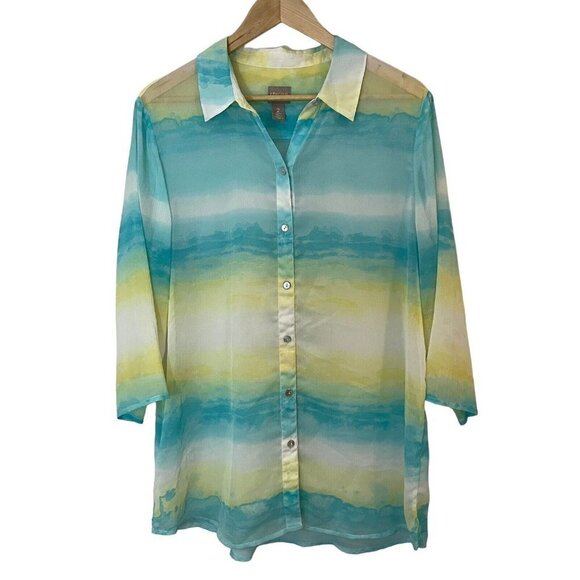 Chico's Sheer Colbie Button Up Top Sz 2 L Blue Yellow Ombre Sheer Tie Dye Blouse - Picture 1 of 10
